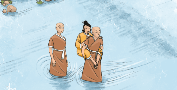 Photo of a drawing of two monks, a river , & a woman.