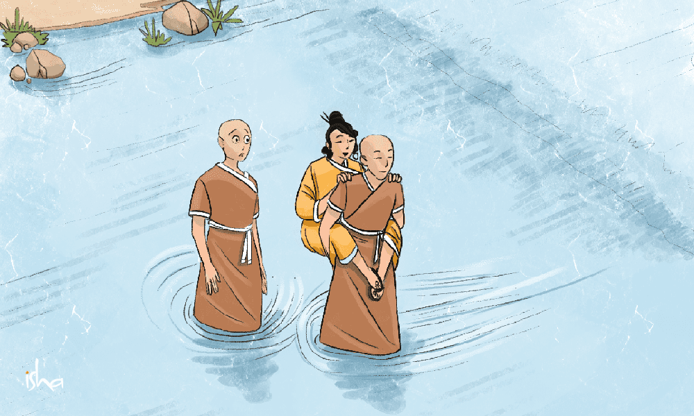 Photo of a drawing of two monks, a river , & a woman.