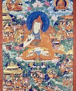 Photo of 19th-century painting depicting biographical episodes from the life of Santaraksita (725-788), the abbot of Nalanda Monastery in India and founder of Samye Monastery in Tibet.