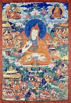 Photo of 19th-century painting depicting biographical episodes from the life of Santaraksita (725-788), the abbot of Nalanda Monastery in India and founder of Samye Monastery in Tibet.