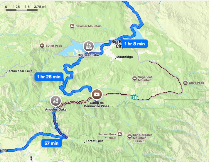 Photo of map showing road from Big Bear Lake to Angelus Oaks showing section of 38 that was washed out with mud slide. 