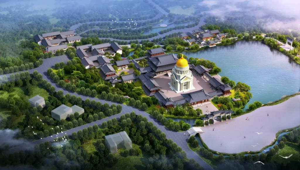 Photo of Rendering looking south at the True Dharma Temple Complex and Holy Heavenly Lake, Buddhist Town, Hesperia, California.
