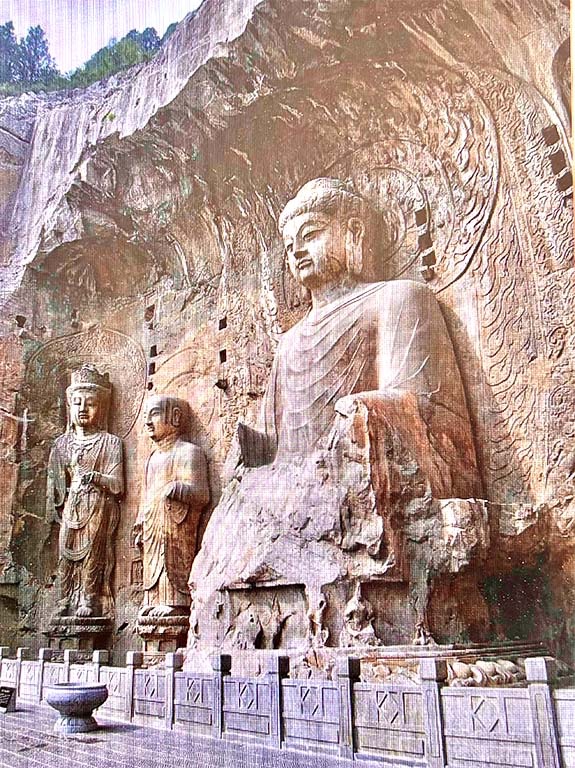 Photo of Vairocana Buddha (17-meter), Ananda, & Manjusri at the Fengxian Temple, Longmen Grotto, Luoyang, Henan Province, China. Tang Dynasty 672-675. 