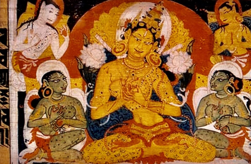 Painting of Prajnaparamita personified. Sanskrit Astasahasrika Prajnaparamita Sutra manuscript written in the Ranjana script. Nalanda, Bihar, India. Circa 700-1100.