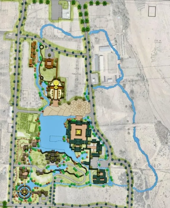 Site Plan for the FIrst Phase of Buddhist Town, Hesperia, California. Lemon Avenue runs across the north end of the site at the top of the map. The dry bed of the Mojave River runs across the right side to it's source in the Mountains.