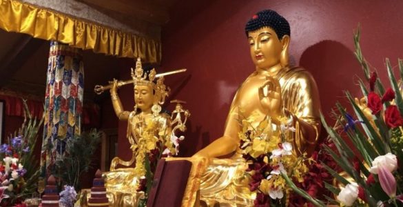 The Buddha Hall, The Holy Vajrasana Temple & Retreat Center with copy of "Imparting the Absolute Truth through the Heart Sutra" on the altar.