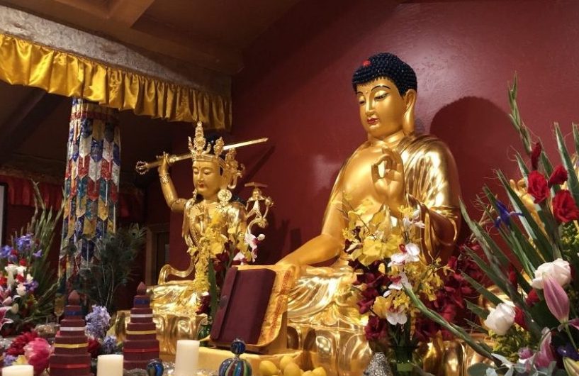 The Buddha Hall, The Holy Vajrasana Temple & Retreat Center with copy of "Imparting the Absolute Truth through the Heart Sutra" on the altar. 