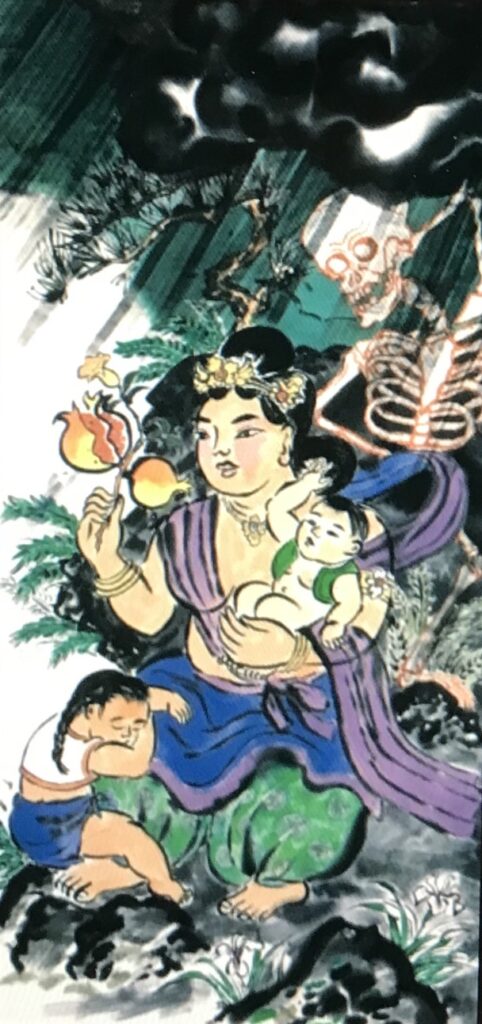 Japanese painting of Hariti, an ancient ogress or demon who had hundreds of children whom she fed by feeding them kidnapped children. She repented after Shakyamuni Buddha stole one of her children and made her see how humans felt when she stole their children. She repented and became the guardian of children, easy child birth, happy child rearing and parentin and overall harmony and safety of the family. Note the pomeganate, which is what she fed her children after she no longer fed them human flesh. Often shown with cornucopia.