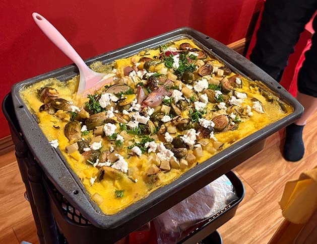 Photo of One-Pan Polenta with Brussels sprouts, sweet potatoes, and Goat Cheese, June 20, 2026.