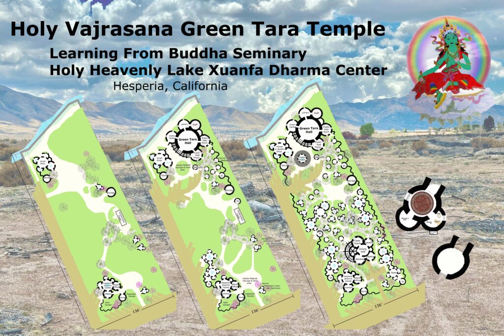 Photo of Montage of plans for the Holy Vajrasana Green Tara Temple et al superimposed on a photo of the actual sire at Hesperia, CA.