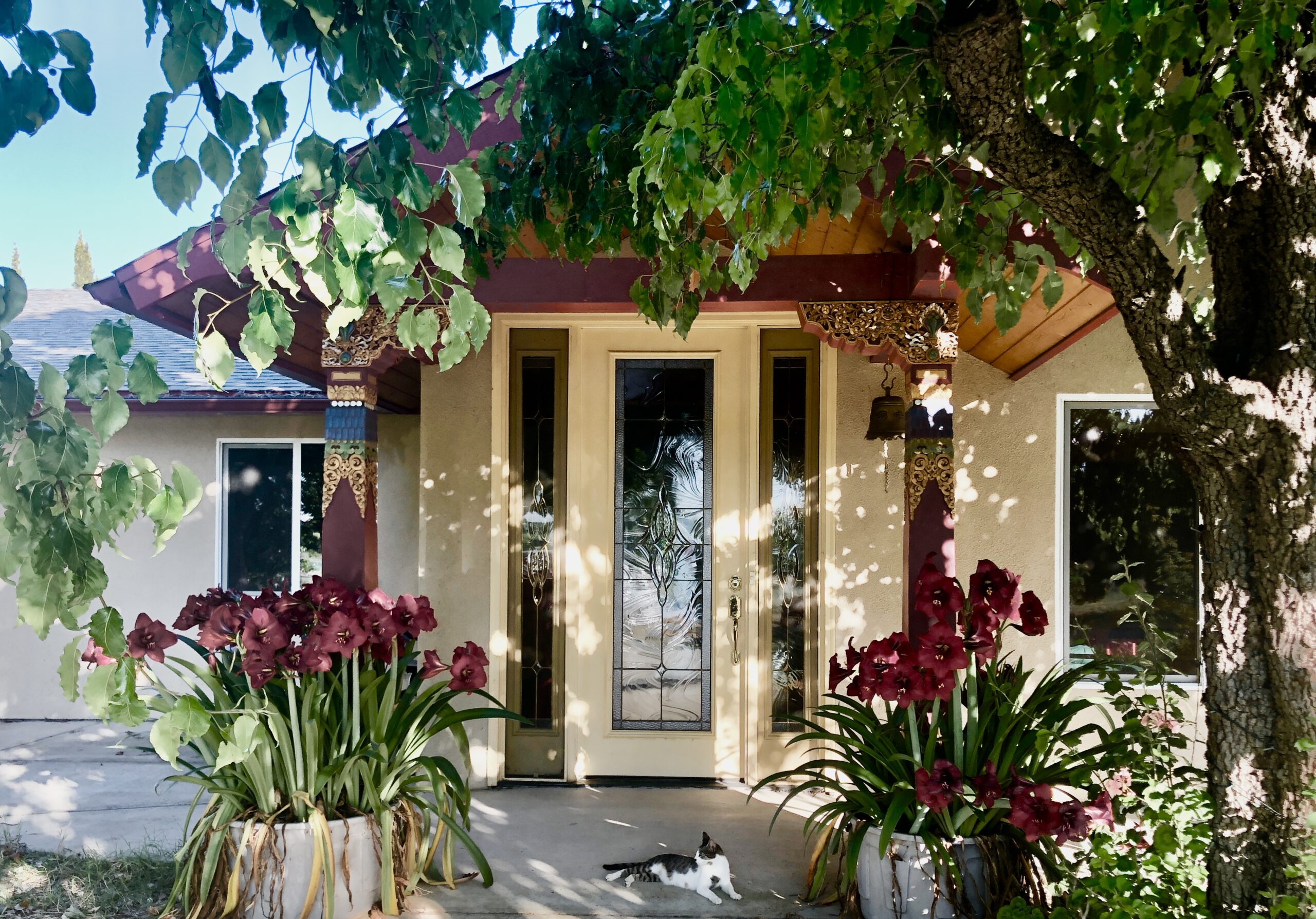 Photo of Entrance to the Holy Vajrasana Temple and Retreat Center, Sanger, California with Lucy Lentil guarding the site.