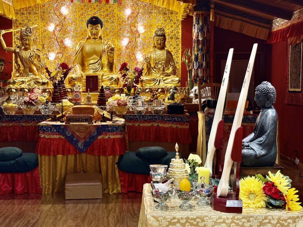 Photo of the Meditation Altar in front of Main Buddha Altar at the Holy Vajrasana Temple, Sanger, California.