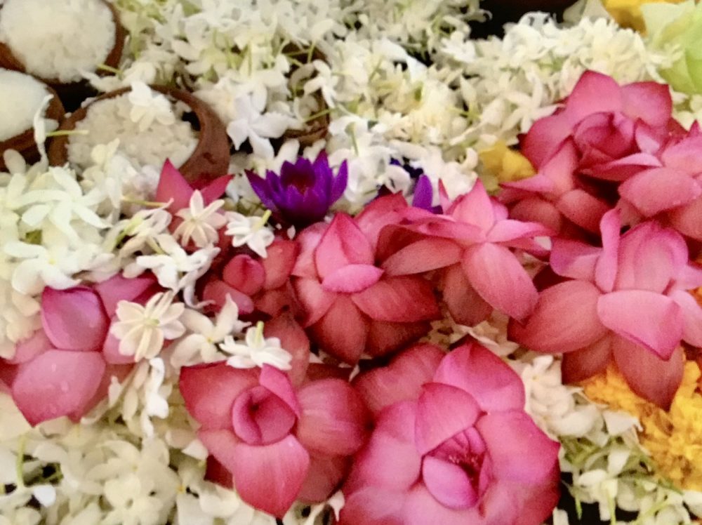 Offering flowers at temple in Sri Lanka.