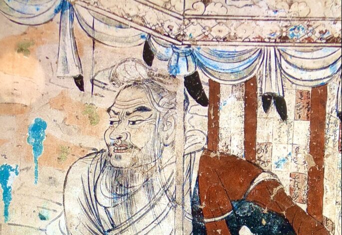 Venerable Vimalakirti debating Manjushri Bodhisattva. Tang Dynasty painting from the Dunhuang Caves