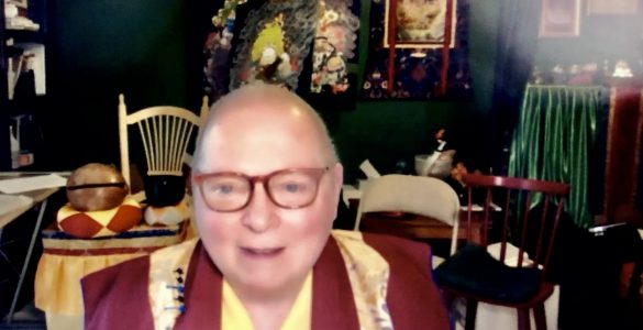 Zhaxi Zhuoma Rinpoche reading a preliminary translation of a Dharma Discourse by H.H. Dorje Chang Buddha III to the Lemonade Sangha.