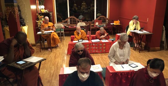 Studying the Heart Sutra at recent retreat at the temple.