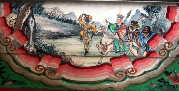 Photograph of painting depicting a scene from the Chinese classic Journey to the West. The painting shows the four heroes of the story, left to right: Sun Wukong, Xuanzang, Zhu Wuneng, and Sha Wujing. The painting is a decoration on the Long Corridor in the Summer Palace in Beijing, China. The photograph was taken by Rolf Müller on April 17, 2005.