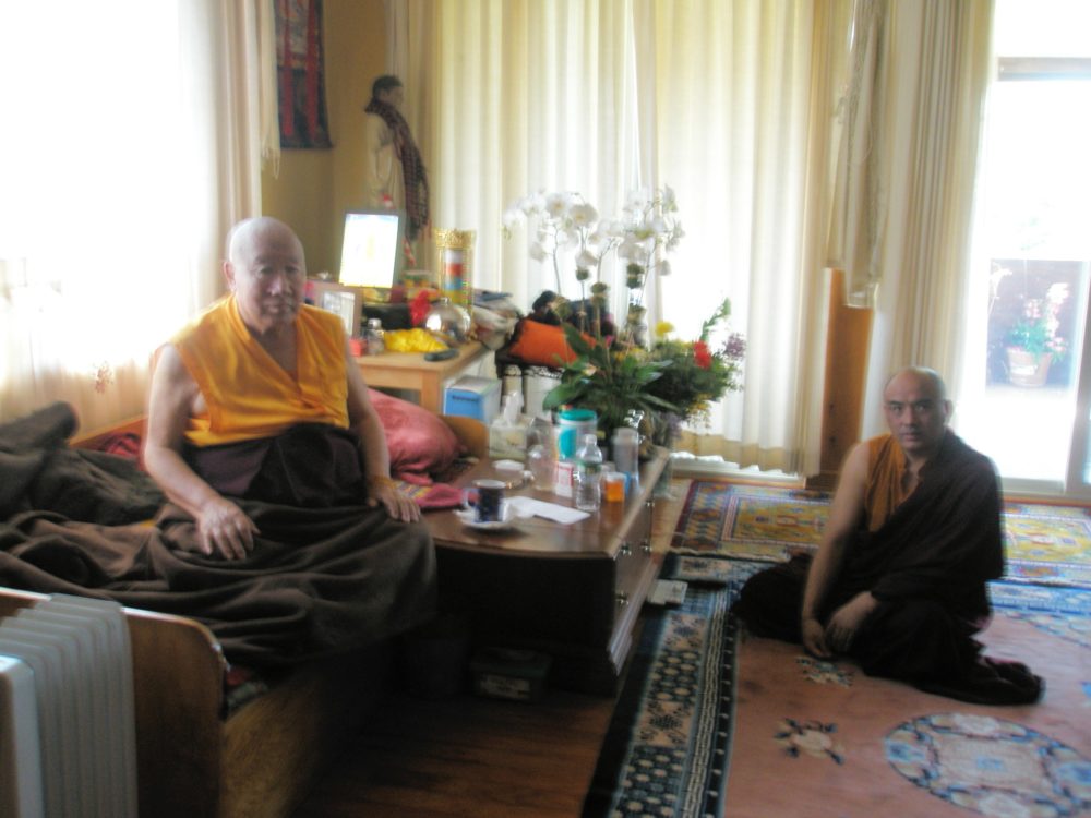 H.H. Penor Rinpoche at his Palyul Retreat Center with Kenpo Tenzin Norgay who served as our translator. Photograph taken after our audience with His Holiness at his North American headquarters and retreat near McDonough, New York.