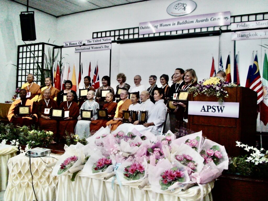Photo of Ven. Pannavati received an Outstanding women in Buddhism Award in 2009 at a UN sponsored International Women's Day Award Ceremony. She was also keynote speaker at the event. 