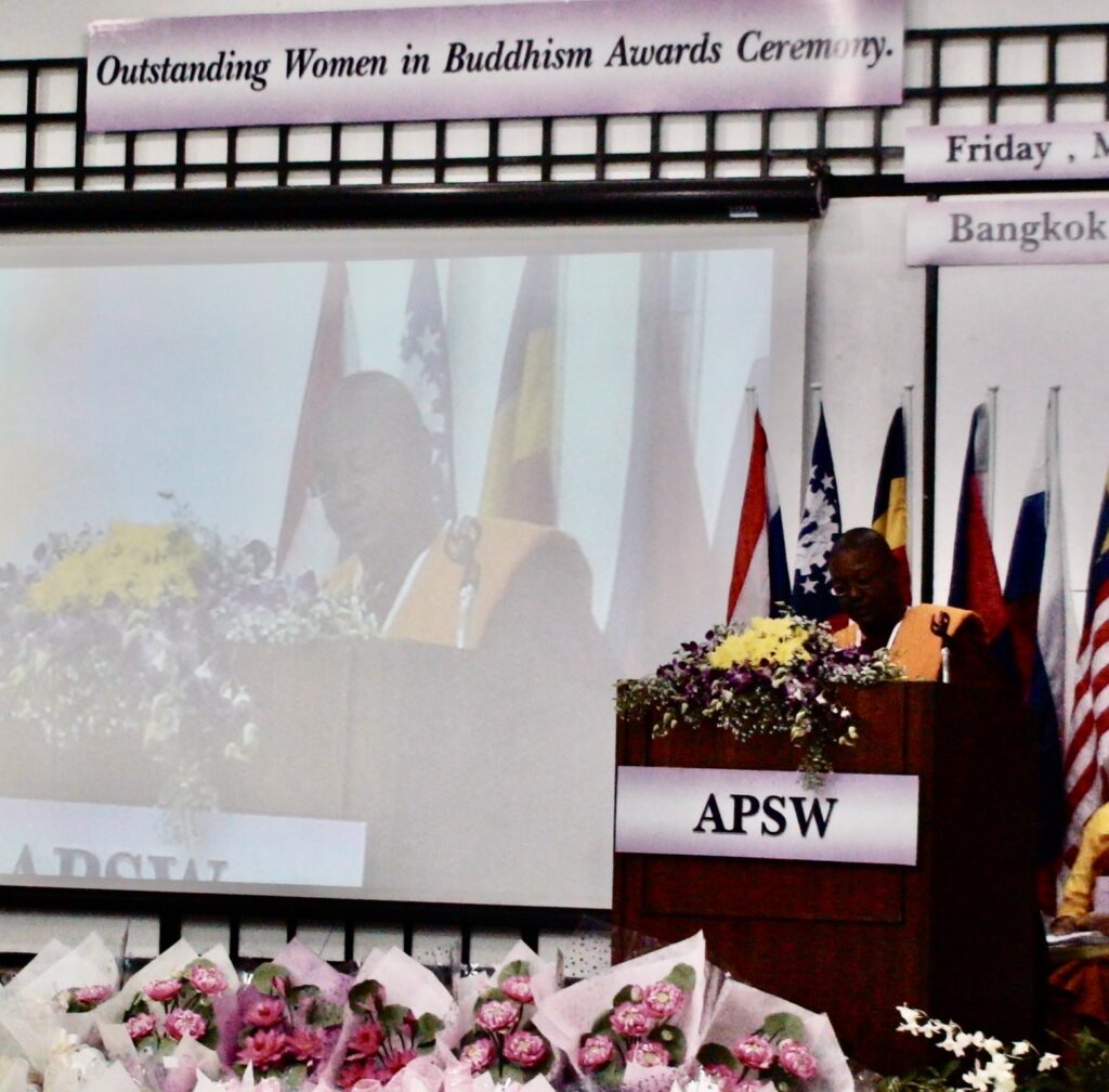 Photo of Ven. Pannavati delivering keynote speech at Conference in Thailand, March 2009.