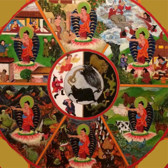 The Wheel of Life showing the Buddha in all of the Six Realms of the Desire Realm, a painting at the Holy Vajrasana Temple.